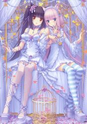  2girls absurdres animal_ears ankle_garter black_hair blue_eyes blunt_bangs bow brown_eyes bug butterfly cage cat_ears chocola_(nekopara) choker cross earrings eyebrows fingernails flower hair_flower hair_ornament heart highres jewelry lace leg_ribbon long_fingernails long_hair multiple_girls nail_art nail_polish nekopara pendant petals photoshop_(medium) pink_hair pink_nails platform_footwear ribbon sayori_(neko_works) shoe_dangle shoes single_shoe sitting smile striped_clothes striped_thighhighs thighhighs twintails vanilla_(nekopara) very_long_hair yellow_nails 