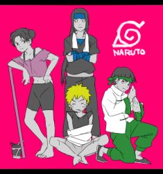  3boys bangs black_hair blonde_hair brown_eyes brown_hair facial_mark hyuuga_neji jijiin kneeling long_hair looking_at_viewer multiple_boys naruto rock_lee short_hair sitting standing tenten uzumaki_naruto 