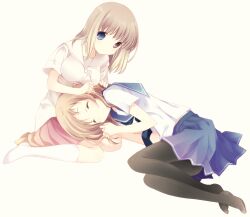  2girls black_pantyhose blonde_hair blue_eyes blue_skirt blush brown_hair closed_eyes commentary_request fukuji_mihoko hand_on_another&#039;s_head heterochromia kazekoshi_school_uniform kiyosumi_school_uniform lap_pillow long_hair lying mimikaki multiple_girls own_hands_together pantyhose red_eyes saki_(manga) school_uniform serafuku short_hair sitting skirt smile takei_hisa tokumi_yuiko wariza 