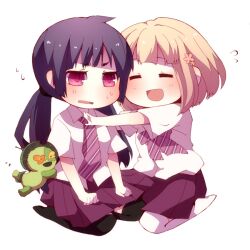  2girls ao_no_exorcist black_legwear blonde_hair blush closed_eyes commentary_request group_hug hug imminent_hug japanese_clothes kamiki_izumo long_hair moriyama_shiemi multiple_girls necktie nii_(ao_no_exorcist) niwako open_mouth purple_hair red_eyes school_uniform seiza short_eyebrows short_hair sitting skirt smile striped striped_necktie sweatdrop thighhighs white_legwear 