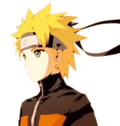  blonde_hair facial_mark forehead_protector male_focus naruto simple_background solo uzumaki_naruto white_background yokige 