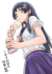  bad_id bad_pixiv_id black_hair blue_eyes blush can copyright_name cowboy_shot crepe eating female flower food food_on_face foreshortening from_below hair_flower hair_ornament hands holding holding_can holding_food long_hair looking_at_viewer midriff midriff_peek photoshop_(medium) sakugawa_school_uniform saten_ruiko school_uniform serafuku simple_background skirt solo standing summer_uniform tea_(nakenashi) toaru_kagaku_no_railgun toaru_majutsu_no_index white_background 