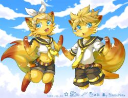  alternate_species alternative_fashion anthro belt blonde_hair blue_eyes blush bottomwear brother_(lore) brother_and_sister_(lore) canid canine clothing duo female flat_chested fox furrification hair j-fashion jumping kagamine_len kagamine_rin kamitake looking_at_viewer male mammal midair navel necktie shorts sibling_(lore) sister_(lore) tail vocaloid young young_anthro 