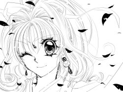  bad_id bad_pixiv_id curly_hair earrings eyelashes female greyscale hair_ribbon jewelry kaitou_jeanne kamikaze_kaitou_jeanne kazari_tayu kusakabe_maron looking_at_viewer monochrome official_style one_eye_closed petals ponytail portrait ribbon smile solo 