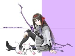  akemi_homura akemi_homura_(magical_girl) argyle_clothes argyle_legwear black_hair bow_(weapon) capelet commentary_request female fingernails frilled_skirt frills from_side full_body grey_capelet grey_skirt hair_ribbon hairband high_heels kyuubee leg_up long_hair long_sleeves looking_at_viewer looking_to_the_side magical_girl mahou_shoujo_madoka_magica mahou_shoujo_madoka_magica_(anime) na-arai neck_ribbon pantyhose pleated_skirt purple_eyes purple_ribbon red_hairband red_ribbon ribbon sitting skirt solo_focus translated weapon 