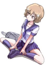  bag black_socks brown_eyes brown_hair butterfly_sitting female flower hair_flower hair_ornament hanasaku_iroha hands_on_feet kneehighs matsumae_ohana no_shoes photoshop_(medium) school_bag school_uniform serafuku short_hair simple_background sitting skirt smile socks solo tea_(nakenashi) 