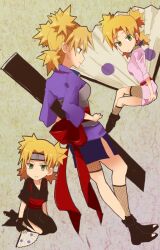  blonde_hair fan fishnets green_eyes japanese_closed japanese_clothes naruto quad_tails temari yokige 