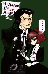  ascot black_eyes black_hair blush pale_skin phone r_dorothy_wayneright red_hair roger_smith scissors short_hair smile telephone the_big_o 