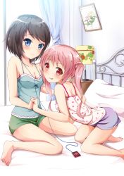  2girls :p absurdres bare_legs bare_shoulders barefoot bed black_hair blue_eyes blush breasts camisole cleavage commentary_request digital_media_player earbuds earphones highres holding_hands interlocked_fingers ipod ipod_nano kneeling leaning_forward long_hair looking_at_viewer medium_breasts multiple_girls ok-ray on_bed original photoshop_(medium) pink_eyes pink_hair polka_dot scan shared_earphones short_hair shorts sitting smile tongue tongue_out twintails wariza yuri 