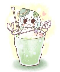  bad_id bad_pixiv_id blush cherry chibi cup drink female food fruit green_hair grey_eyes hat hat_ribbon heart heart_of_string ice_cream ice_cream_float in_container in_cup komeiji_koishi leaf leaf_on_head ribbon smile soda solo south114 spoon third_eye touhou 