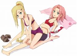  2girls barefoot blonde_hair breasts cleavage earrings feet green_eyes hair_ornament hairclip ino_yamanaka jewelry kneeling long_hair lying midriff multiple_girls naruto navel on_back pink_hair ponytail sakura_haruno straddle straddling yokige 