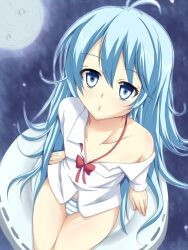  ahoge bad_id bad_pixiv_id blue_eyes blue_hair collarbone denpa_onna_to_seishun_otoko female from_above long_hair looking_up no_pants off_shoulder open_mouth panties ribbon school_uniform solo striped_clothes striped_panties touwa_erio underwear very_long_hair yappen 