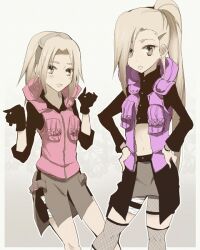  2girls blush earrings fishnets flak_jacket gloves hair_ornament hairclip hands_on_hips ino_yamanaka jewelry long_hair midriff multiple_girls naruto navel ponytail sakura_haruno tongue vest yokige 