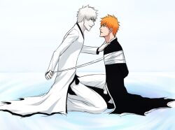  2boys black_sclera bleach bondage bondage bound dual_persona kurosaki_ichigo mizashi multiple_boys orange_hair pale_skin shirosaki_hichigo short_hair sitting tied_up white_hair yaoi 