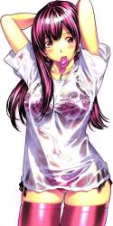  bra condom condom_in_mouth copyright_request female highres jewelry lingerie mouth_hold necklace nohara_hiromi non-web_source panties purple_eyes purple_hair see-through shirt side-tie_panties solo thighhighs underwear wet wet_clothes wet_shirt 