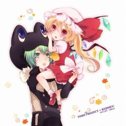  1boy animal_costume bad_id bad_pixiv_id blonde_hair crossover female flandre_scarlet fran_(reborn) frog_costume green_eyes green_hair katekyo_hitman_reborn! red_eyes sanada_nako side_ponytail touhou wings 