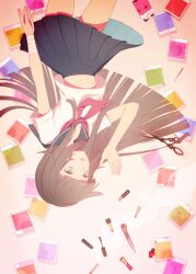  bandages boxcutter brown_hair cigarette commentary_request cosmetics cutting_hair female grey_eyes lipstick_tube matsurika photo_(object) polaroid school_uniform scissors serafuku skirt solo upside-down urbangarde 