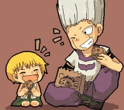  2boys blonde_hair danny_boy eating gash_bell gray_hair grey_hair konjiki_no_gash konjiki_no_gash!! lowres multiple_boys 