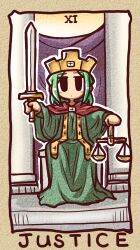  balance_scale blush_stickers commentary_request crown female green_hair ikkyuu justice_(tarot) lowres original robe sitting solo sword tarot tarot_(medium) weapon weighing_scale 