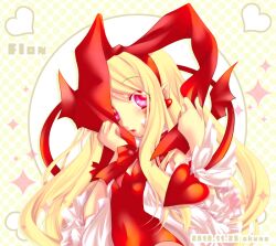  bat_wings blonde_hair bow character_name commentary_request disgaea earrings female flonne flonne_(fallen_angel) hair_ribbon hand_on_own_face heart jewelry kannari_okuno leotard long_hair makai_senki_disgaea pointy_ears red_eyes red_leotard red_wings ribbon solo tail tail_bow tail_ornament wings 