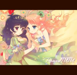  2girls ahiru_(princess_tutu) ahoge alternate_hairstyle bad_id bad_link bad_nicoseiga_id bare_shoulders black_hair blue_eyes breasts choker cleavage copyright_name crown dress flower hair_down holding_hands interlocked_fingers letterboxed light_smile long_hair medium_breasts multiple_girls photoshop_(medium) princess_tutu puffy_sleeves red_eyes red_hair rue_(princess_tutu) santa_matsuri star_(symbol) tiara 