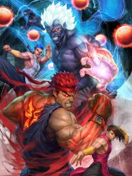  4boys akuma_(street_fighter) black_skin braid brown_hair clenched_teeth colored_skin commentary cover energy english_commentary evil_ryu fangs fingerless_gloves fingernails gloves glowing glowing_eyes glowing_hair hat highres kicking kuruoshiki_oni male_focus multiple_boys muscular photoshop_(medium) ponytail punching red_hair ryu_(street_fighter) sharp_fingernails shirt signature single_braid sleeveless sleeveless_shirt stanley_lau street_fighter street_fighter_iv_(series) teeth topless_male video_game_cover white_hair wristband yang_lee yun_lee 