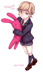  1boy aged_down barnaby_brooks_jr. blonde_hair commentary_request green_eyes himaya loafers lolicon male_focus necktie photoshop_(medium) shoes shorts signature socks solo stuffed_animal stuffed_rabbit stuffed_toy tiger_&amp;_bunny 