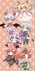  6+girls :x alternate_costume alternate_hairstyle animal_ears bat_wings bespectacled black_bra blazblue blonde_hair blue_eyes blue_hair bra cape cat_ears chibi commentary_request cosplay dog_ears dress flandre_scarlet frilled_skirt frills glasses green_hair green_skirt grey_hair hair_ornament hair_ribbon hat hat_with_ears highres hong_meiling izayoi_sakuya kemonomimi_mode koakuma lingerie litchi_faye_ling litchi_faye_ling_(cosplay) long_hair long_skirt low-tied_long_hair medium_skirt multiple_girls neko_yume o_o oerba_yun_fang open_clothes open_dress open_mouth panda pants patchouli_knowledge pink_dress pink_skirt platinum_the_trinity platinum_the_trinity_(cosplay) ponytail purple_hair quad_tails rachel_alucard rachel_alucard_(cosplay) red_eyes red_hair red_skirt remilia_scarlet ribbon shirt short_twintails side_slit sidelocks skirt smile star_(symbol) tail taokaka taokaka_(cosplay) touhou tsubaki_yayoi tsubaki_yayoi_(cosplay) tuxedo twintails two_side_up underwear valkenhayn_r._hellsing valkenhayn_r._hellsing_(cosplay) wings 