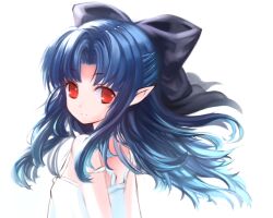  blue_hair bow chinese_commentary commentary_request ephtracy female hairbow half_updo kagetsu_tooya len_(tsukihime) light_smile looking_at_viewer melty_blood pointy_ears red_eyes simple_background solo strap_slip tsukihime upper_body 