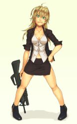  :t ahoge assault_rifle bad_id bad_pixiv_id bags_under_eyes black_skirt blonde_hair breasts cleavage cross-eyed female formal green_eyes grenade_launcher gun hand_on_own_hip lipstick long_hair m16 m16a2 m203 makeup medium_breasts miniskirt mustard_seeds navel original pencil_skirt rifle side_slit skirt skirt_suit sleeves_rolled_up solo suit underbarrel_grenade_launcher weapon yuuji_(and) 