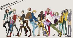  4girls 6+boys agnes_joubert alexander_lloyds antonio_lopez bad_id bad_pixiv_id barnaby_brooks_jr. ben_jackson blonde_hair boots braid braided_bangs brown_hair bruce_lee&#039;s_jumpsuit cabbie_hat cain_morris camera dark_skin everyone formal hat huang_baoling ivan_karelin jacket kaburagi_kaede kaburagi_t._kotetsu karina_lyle keith_goodman long_hair multiple_boys multiple_girls nathan_seymour orlando_cooper photoshop_(medium) ponytail red_jacket running saitou_(tiger_&amp;_bunny) side_ponytail suit tiger_&amp;_bunny yuri_petrov zakk 