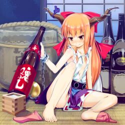  alcohol armpits bare_legs barefoot barrel blush bottle bow chains commentary_request feet female flat_chest hairbow horn_ornament horn_ribbon horns ibuki_suika long_hair masu miniskirt open_clothes open_shirt orange_hair print_skirt purple_skirt ribbon ribbon-trimmed_skirt ribbon_trim sake sake_barrel sake_bottle sch shirt single_sock sitting skirt sleeveless sleeveless_shirt sock_dangle sock_pull socks solo tatami thighs touhou unworn_socks wrist_cuffs yellow_eyes 