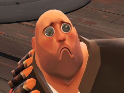  3d_(artwork) 4:3 bald big_eyes bullet clothing costume daww digital_media_(artwork) garry&#039;s_mod heart_symbol heavy_(team_fortress_2) human looking_at_viewer male mammal not_furry pleading_eyes russian sad sadface team_fortress_2 third-party_edit valve 