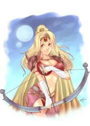  arcbuncle armor arrow_(projectile) belt blonde_hair bow_(weapon) breasts brown_eyes cape circlet cleavage cloud commentary_request commission female final_fantasy final_fantasy_iv full_moon gauntlets large_breasts long_hair midriff moon multiple_moons navel pauldrons ponytail purple_sarong rosa_farrell sarong shoulder_armor sky smile solo thighs weapon 