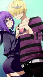  1boy bad_id bad_pixiv_id belphegor_(reborn) crown female genderswap_(mtf) heart katekyo_hitman_reborn! mammon_(reborn) miao_(artist) photoshop_(medium) purple_eyes purple_hair rule_63 shirt striped_clothes striped_shirt 