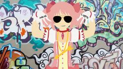  artist_request clothes_writing english_text female gangster gloves graffiti highres jewelry kaname_madoka kaname_madoka_(magical_girl) magical_girl mahou_shoujo_madoka_magica mahou_shoujo_madoka_magica_(anime) necklace no_lineart parody photoshop_(medium) pink_hair ribbon solo sunglasses 