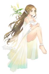  ankle_garter bad_id bad_pixiv_id bare_shoulders barefoot brown_hair dress feet female flower frills gathers grey_eyes highres lace long_hair original panties photoshop_(medium) simple_background solo tuuuh underwear white_panties 