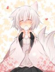  animal_ears bridal_gauntlets closed_eyes commentary_request detached_sleeves eating female food happy heart highres inubashiri_momiji kazami_ryouya leaf leaf_background mochi no_headwear short_hair solo tail tail_wagging touhou upper_body wagashi white_hair wolf_ears wolf_tail 