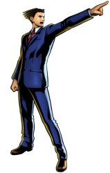  1boy black_hair formal full_body gyakuten_saiban male_focus marvel_vs._capcom marvel_vs._capcom_3 mori_toshiaki naruhodou_ryuuichi necktie objection official_art pointing solo standing suit transparent_background 