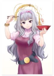  belt bowl chopsticks commentary_request female food grey_hair hairband idolmaster idolmaster_(classic) kamaboko long_hair mamezou meat narutomaki noodles photoshop_(medium) purple_eyes ramen shijou_takane shiny simple_background solo sparkle watch white_background wristwatch 