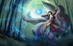  ahri_(league_of_legends) bad_link black_hair breasts cleavage detached_sleeves female fox kienan_lafferty korean_clothes league_of_legends long_hair medium_breasts moon multiple_tails official_art paint.net_(medium) solo tail 