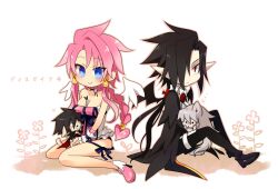  3boys angel_and_devil angel_wings animal animal_between_breasts animal_ears bad_id bad_pixiv_id bat_wings between_breasts black_hair blue_eyes braid breasts cape chibi commentary_request copyright_name disgaea dog_ears female fenrich_(disgaea) fish full_body hair_over_one_eye hair_tubes long_hair makai_senki_disgaea_4 medium_breasts miyu_(matsunohara) multiple_boys pants pink_hair ponytail red_eyes shoes sidelocks sitting smile valvatorez_(disgaea) vulcanus_(disgaea_4) wings 