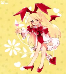  :d bare_legs bat_wings blonde_hair bow commentary_request disgaea female flonne flonne_(fallen_angel) full_body hair_ribbon hairband happy heart leotard long_hair makai_senki_disgaea mushirou open_mouth red_eyes red_leotard red_wings ribbon shoes smile solo tail tail_bow tail_ornament wings 