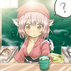  ? animal_ears bird_ears bird_wings blush breasts brown_eyes brown_kimono cleavage collarbone commentary_request counter cup cutting_board downblouse dress ear_piercing earrings eel female food_stand forest green_tea hat head_scarf japanese_clothes jewelry kimono knife mystia_lorelei nature night no_bra nobamo_pieruda obi okamisty piercing pink_dress pink_hair sash short_hair sky small_breasts solo star_(sky) steam sweat tasuki tea teacup touhou upper_body wings yatai 