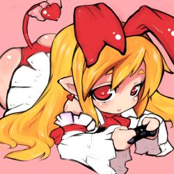  ass blonde_hair bow commentary_request detached_sleeves disgaea earrings female flonne flonne_(fallen_angel) hair_ribbon heart highres jewelry leotard long_hair lying makai_senki_disgaea nekodason pointy_ears red_eyes red_leotard ribbon smile solo tail tail_bow tail_ornament video_game 