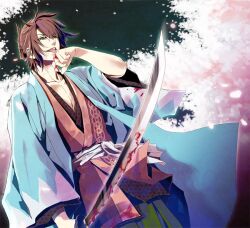  1boy asa_no_ha_(pattern) bishounen blood brown_hair commentary_request green_eyes hakuouki_shinsengumi_kitan haori japanese_clothes kim_jiro licking male_focus okita_souji_(hakuouki) open_mouth photoshop_(medium) shinsengumi solo sword teeth tongue weapon 