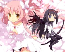  2girls akemi_homura akemi_homura_(magical_girl) black_hair bow bow_(weapon) chibi commentary_request dress english_text gloves hair_ribbon hairbow kaname_madoka kyuubee long_hair magical_girl mahou_shoujo_madoka_magica mahou_shoujo_madoka_magica_(anime) multiple_girls pantyhose pink_hair ribbon smile spoilers two_side_up ultimate_madoka weapon when_you_see_it wings yamasan yellow_eyes 