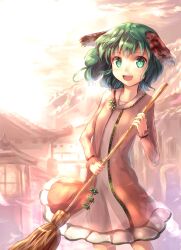  animal_ears broom commentary_request dress female green_eyes green_hair highres house kasodani_kyouko open_mouth pink_dress sakura_ani short_hair smile solo sunlight touhou 