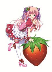  ;d absurdres blue_eyes character_request copyright_request dress female food fruit hairband highres long_hair nanami_ayane one_eye_closed open_mouth oversized_food oversized_object pink_hair ribbon smile solo strawberry thighhighs v 