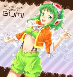  breasts character_name commentary_request copyright_name female goggles goggles_on_head green_eyes green_hair green_shorts gumi gumi_(v3_megpoid) headphones highres jacket kirita_asami medium_breasts midriff nail_polish navel open_mouth red-tinted_eyewear short_hair shorts smile solo suspenders tinted_eyewear underboob vocaloid 